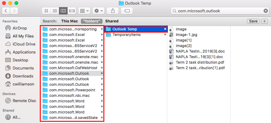 where is outlook temp outlook 2016 for mac